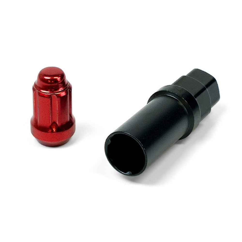 SAAS Set of 10 Small Diameter 6 Spline Wheel Nuts with Key - 35mm Length, Red, M12x1.50 Thread, Taper Seat Type - 6330610R