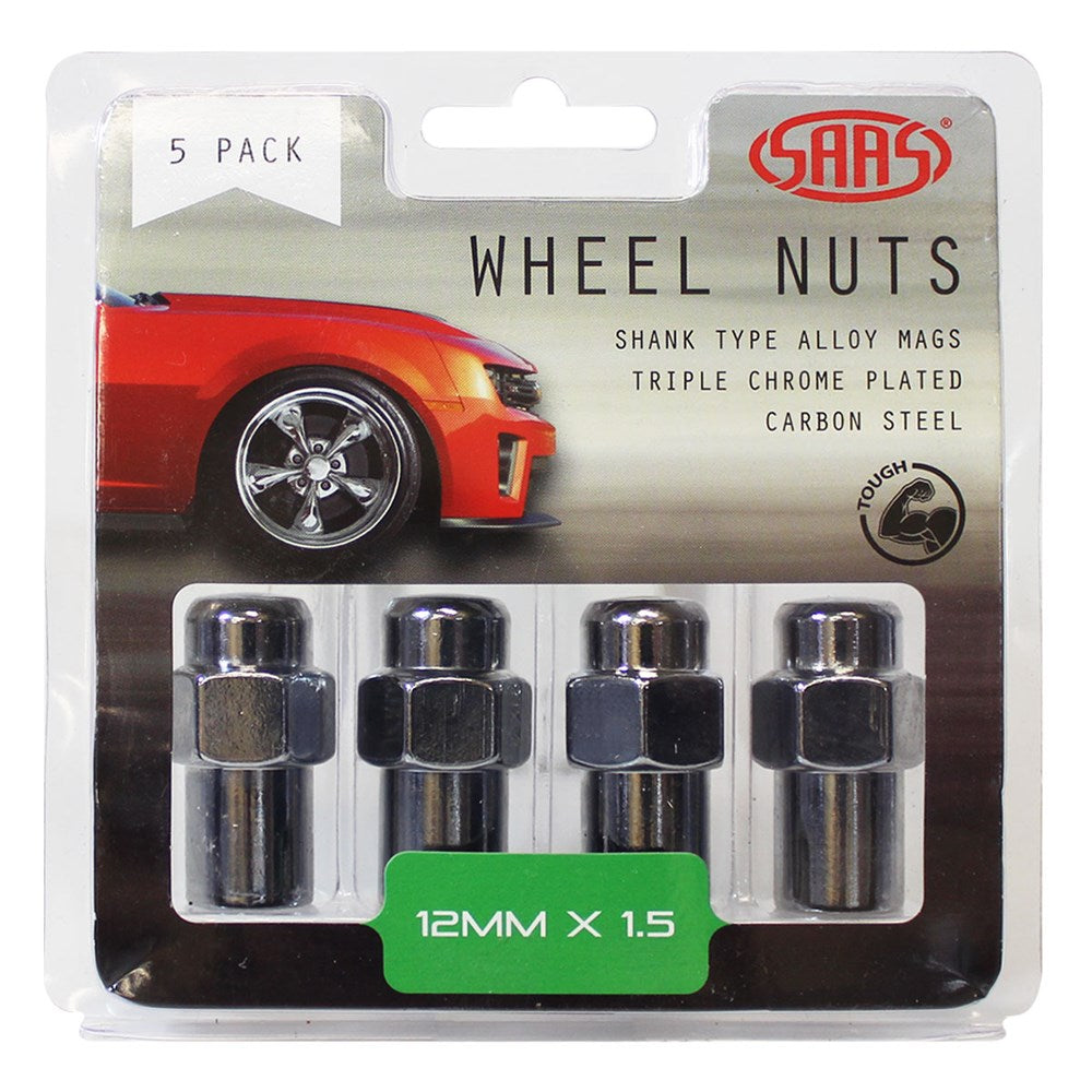 SAAS Set of 5 Wheel Nuts for Shank Type Wheels - 43mm Length, Chrome, M12x1.50 Thread - 743465