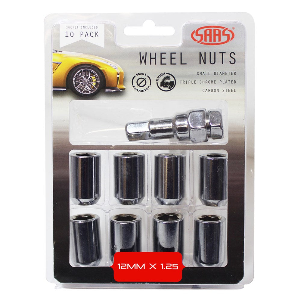 SAAS 8330510 Wheel Nuts S/D Int Hex 12mmx 1.25 Inc Key Chr 10Pk