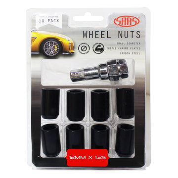 SAAS Set of 10 Small Diameter Wheel Nuts - Black, M12x1.25 Threads with Internal Hex Drive and Key - 8330510BC