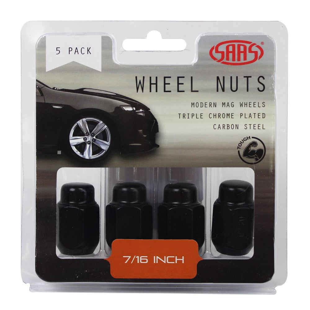 SAAS Set of 5 Wheel Nuts - 35mm Length, Black, 7/16" Threads, Acorn Taper Type - 235205BC