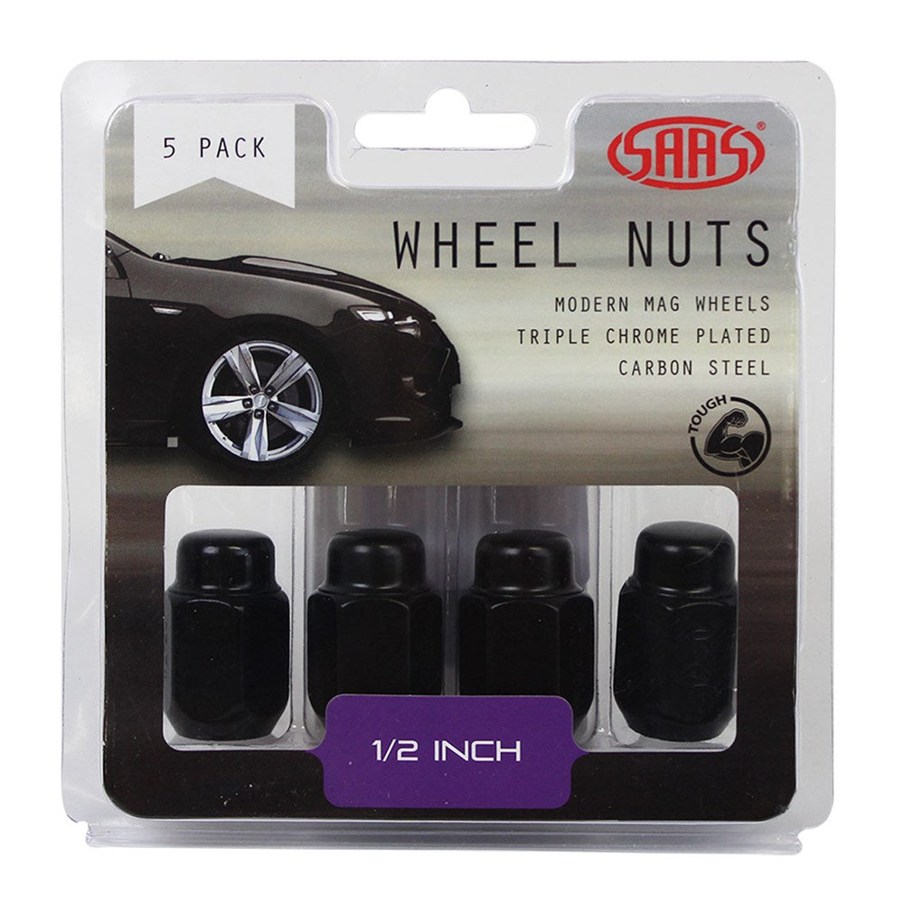 SAAS Set of 5 Wheel Nuts - 35mm Length, Black, 1/2" Threads, Acorn Taper Type - 235215BC