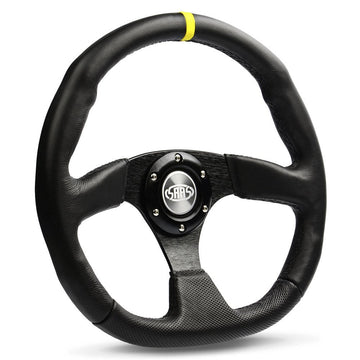 SAAS 14" ADR Compliant Black Leather Covered Steering Wheel with Flat Bottom, Three Brushed Black Spokes and Centre Stripe - D1-SWB-F2