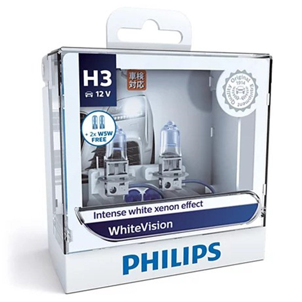 Philips 12336WHVSM WhiteVision Intense White 12V H3 55W 3700K Headlight Globes with 2x W5W Park Globes (Twin Pack)