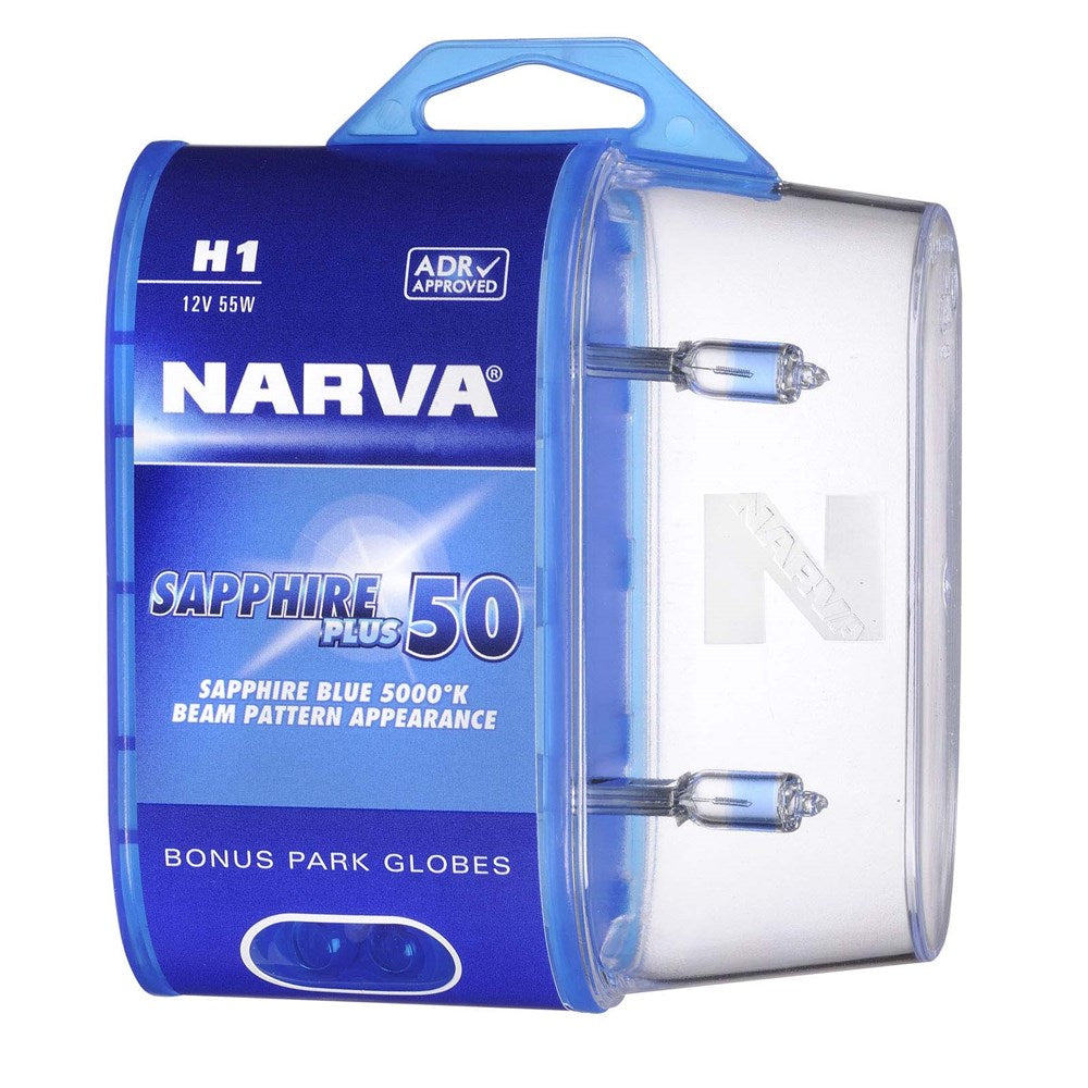 Narva 48520BL2 H1 12V 55W Sapphire Plus 50 Halogen Headlight Globes, Twin Pack