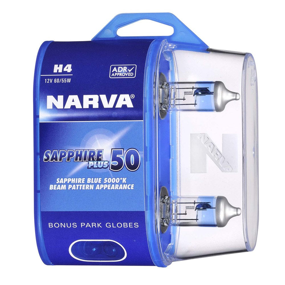 Narva 48522BL2 H4 12V 60/55W Sapphire Plus 50 Halogen Headlight Globes, Twin Pack