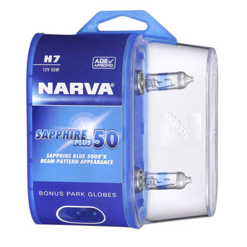 Narva 48525BL2 H7 12V 55W Sapphire Plus 50 Halogen Headlight Globes, Twin Pack