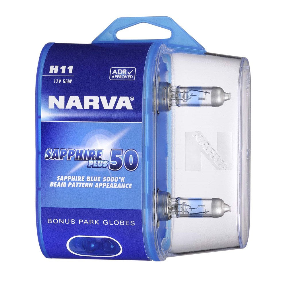 Narva 48528BL2 H11 12V 55W Sapphire Plus 50 Halogen Headlight Globes, Twin Pack