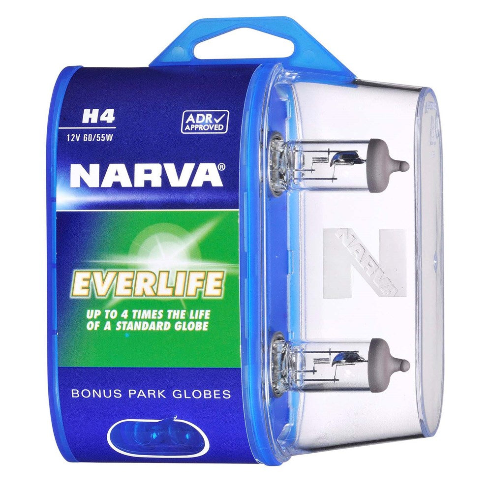 Narva 48889BL2 H4 12V 60/55W Everlife Halogen Headlight Globes, Twin Pack