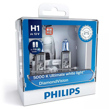 Philips 12258DVSL DiamondVision Ultimate 12V H1 55W 5000K Headlight Globes (Twin Pack) with 2x T10 LED Park Globes