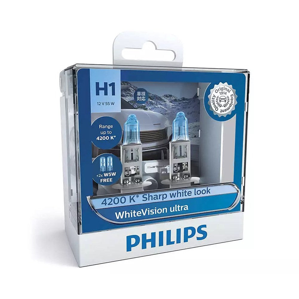 Philips 12258WVUSM WhiteVision Ultra 12V H1 55W 4200K Headlight Globes (Twin Pack) with 2x W5W Park Globes