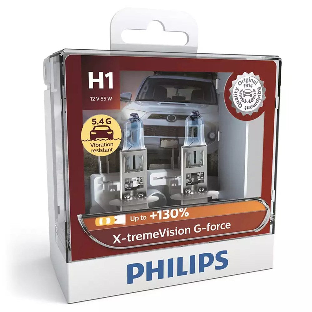 Philips 12258XVGS2 X-tremeVision G-Force 12V H1 55W Vibration Resistant +130% Headlight Globes (Twin Pack)