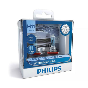 Philips 12362WVUSM WhiteVision Ultra 12V H11 55W 4200K Headlight Globes with 2x W5W Park Globes (Twin Pack)