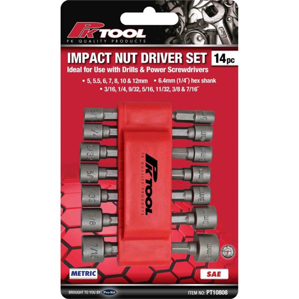 PKTool 14-Piece Metric and SAE Impact Nut Driver Set - PT10808