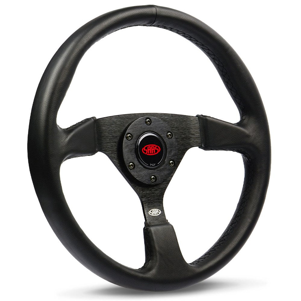 SAAS 14" Director 1980s HDT Inspired ADR Compliant Black Leather Steering Wheel with Three Black Brushed Alloy Spokes - SW516B-R