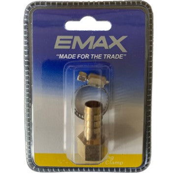 Emax Brass Hose Tail 1/4Inch Bsp - 3/8Inch Hose + Clamp EMH04-06