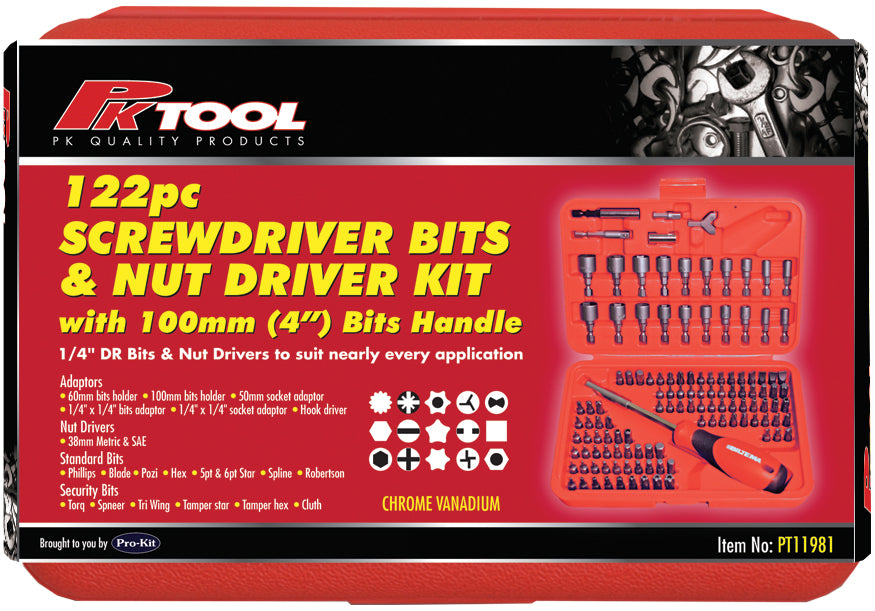 PKTool 122 Piece Bit Driver Set Including Hex, Star, Tamperproof Star, Clutch, Tri-Wing, Spanner, Spline and Square Bits - PT11981