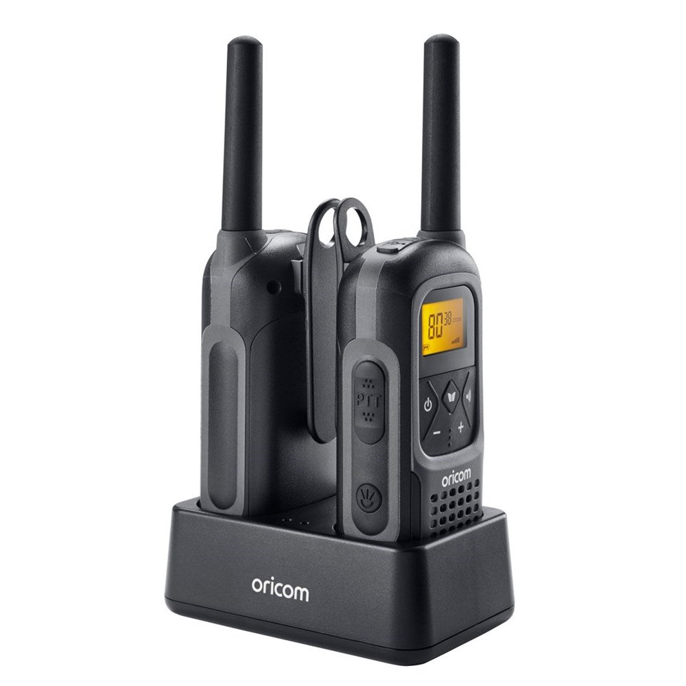 Oricom 2 Watt IPX7 Waterproof Handheld UHF CB Radio Twin Pack with Dual Charging Dock - UHF2500-2GR