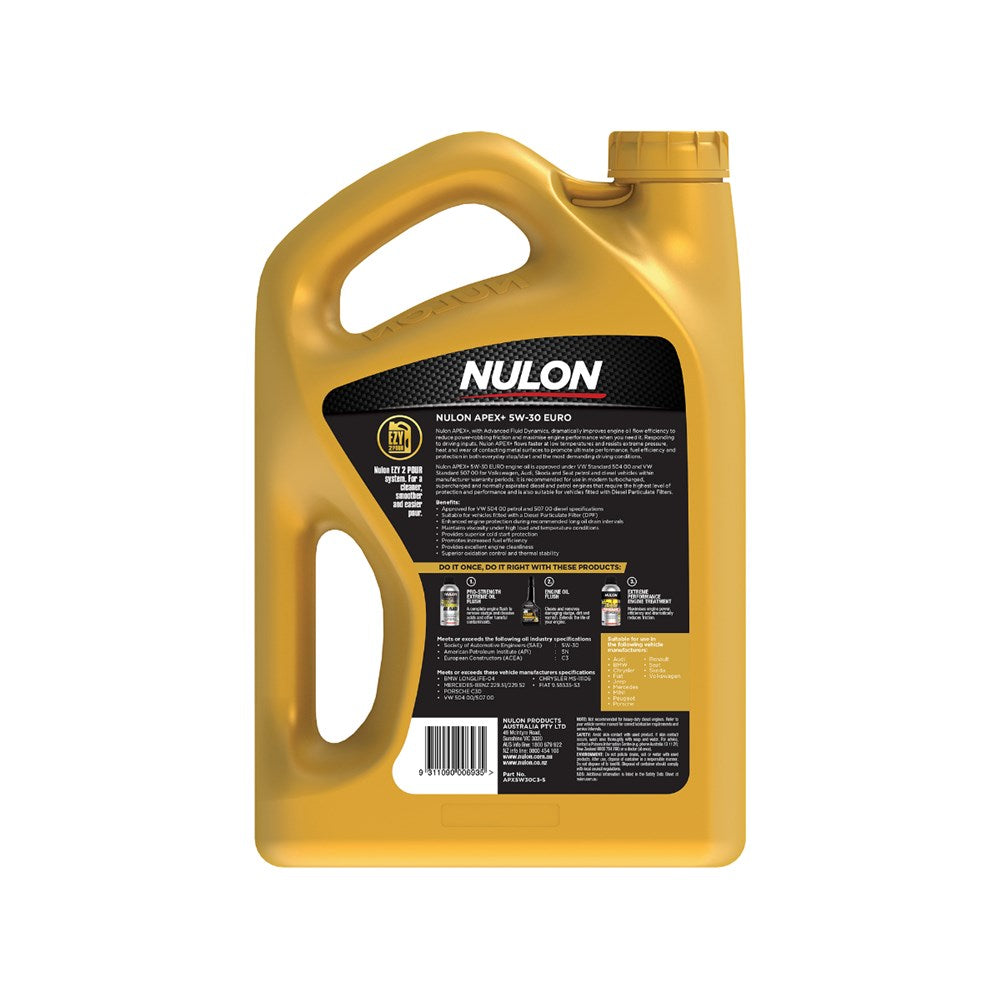 Nulon Apex+ 5W-30 Full Synthetic Euro Petrol and Diesel Engine Oil - 5L - APX5W30C3-5 (Pickup only)