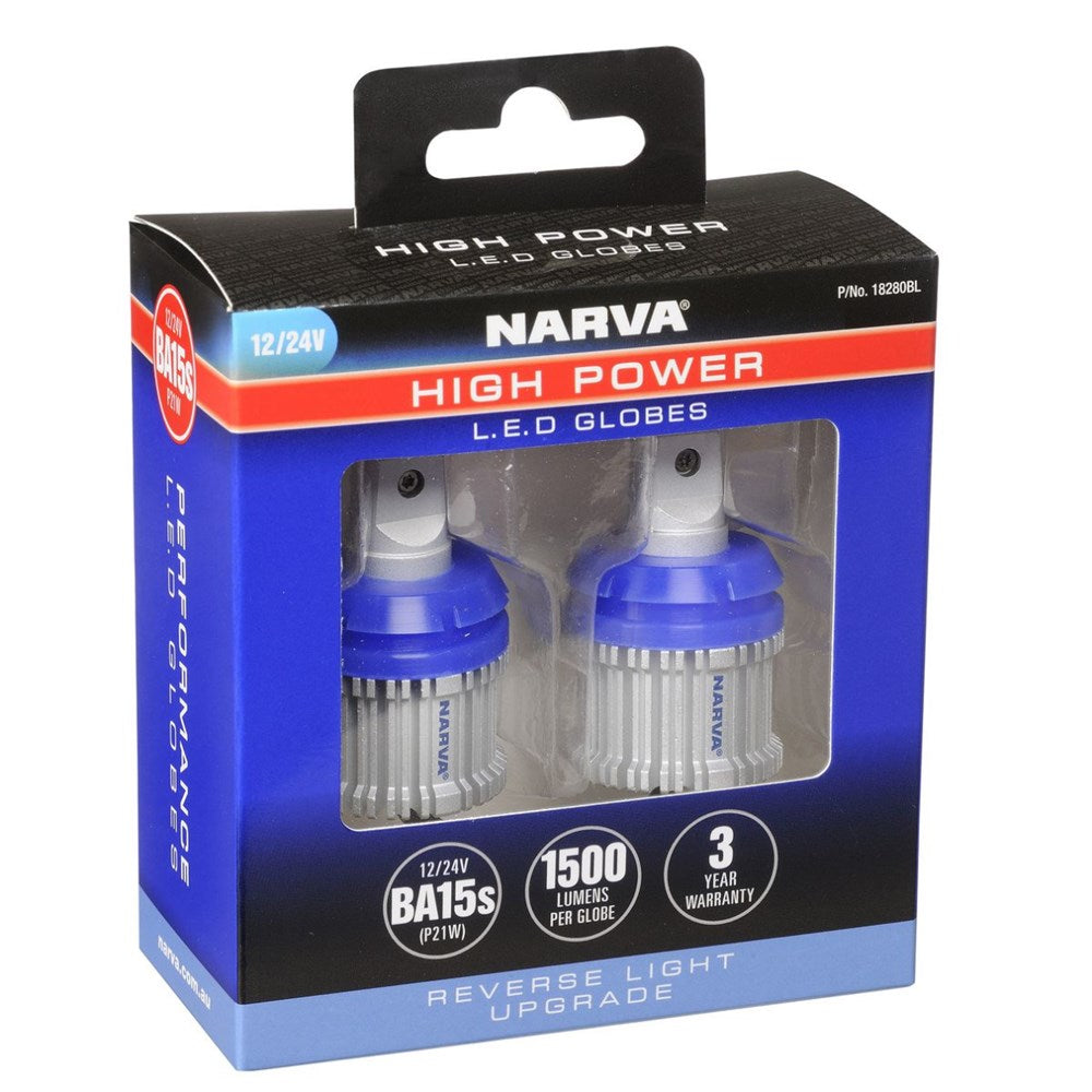 Narva 18280BL 12/24V P21W BA15S High Power LED Reverse Globes - Twin Pack