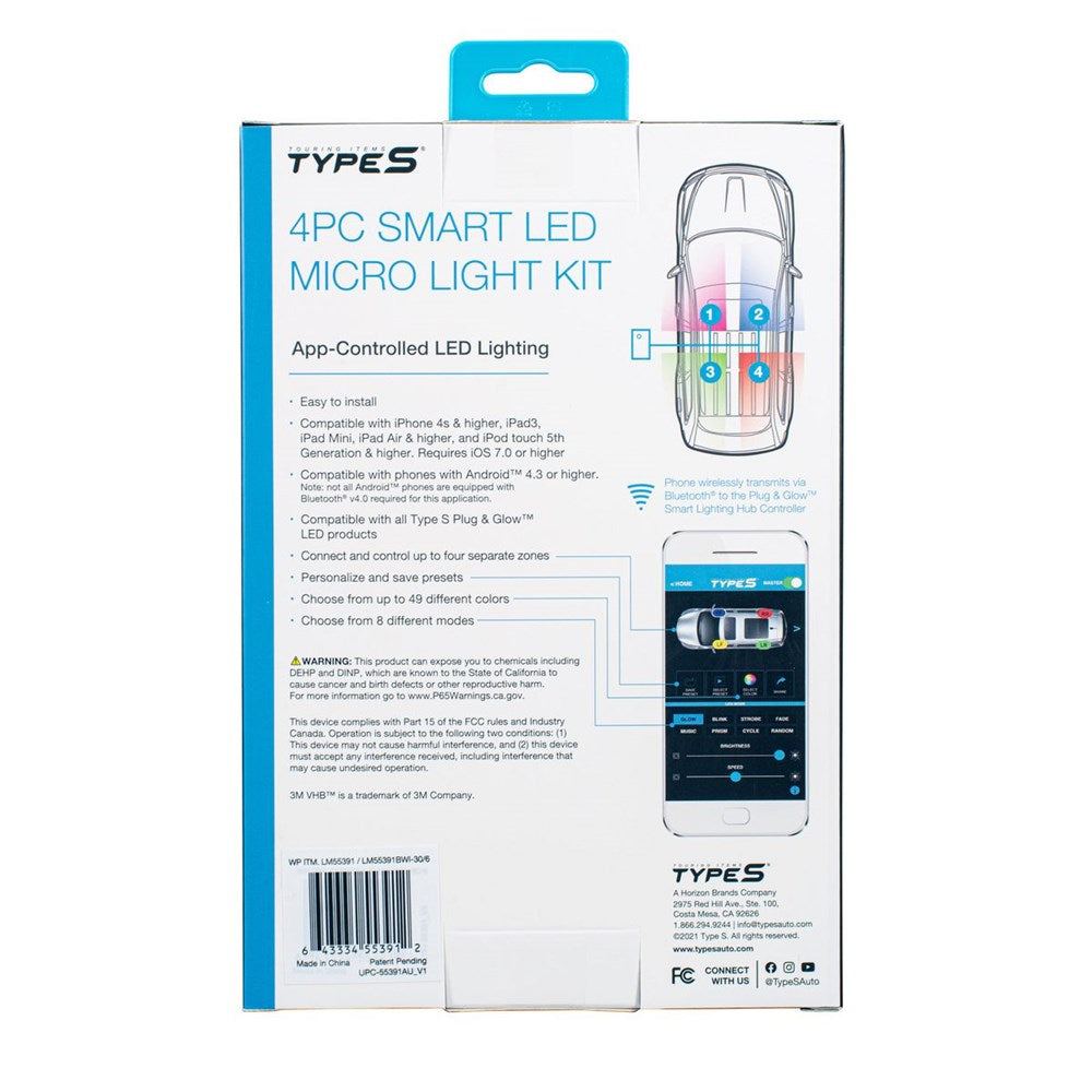 Type S GLM55391 4-Piece App Controlled Plug and Glow Multi-Colour Interior Smart LED Micro Light Kit