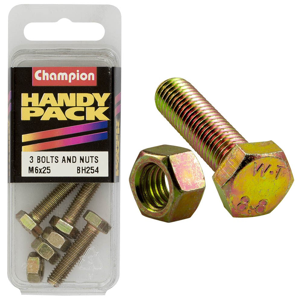 Champion Pack of 3 M6 x 25 x 1.0mm High Tensile, Grade 8.8 Hex Set Screws and Nuts - BH254