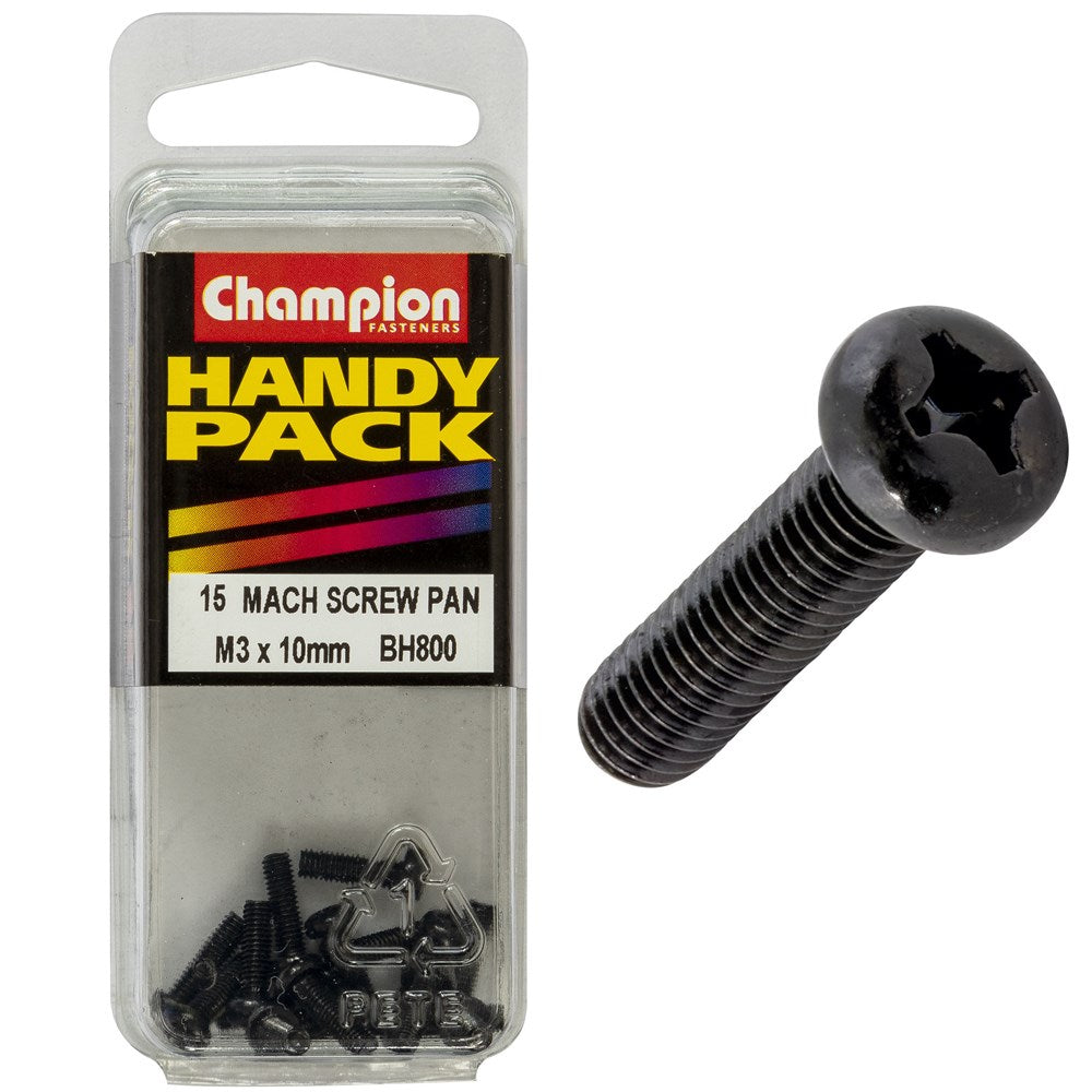 Champion Pack of 15 M3 x 10mm Black, Zinc Plated, Philips Pan Head Machine Screws - BH800