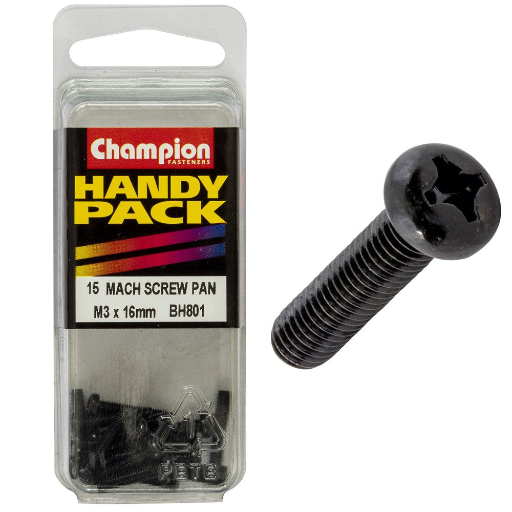 Champion Pack of 15 M3 x 15mm Black, Zinc Plated, Philips Pan Head Machine Screws - BH801