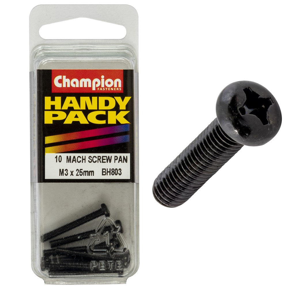 Champion Pack of 100 M3 x 25mm Black, Zinc Plated, Philips Pan Head Machine Screws - BH803