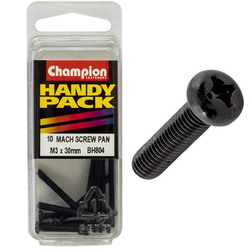 Champion Pack of 10 M3 x 30mm Black, Zinc Plated, Philips Pan Head Machine Screws - BH804