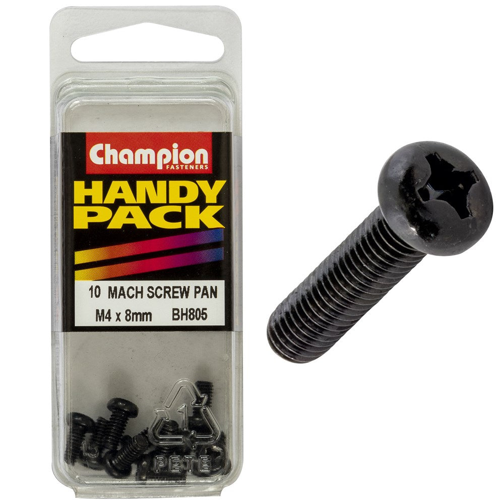 Champion Pack of 10 M4 x 8mm Black, Zinc Plated, Philips Pan Head Machine Screws - BH805