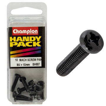 Champion Pack of 10 M4 x 16mm Black, Zinc Plated, Philips Pan Head Machine Screws - BH807