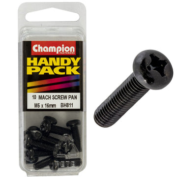 Champion Pack of 10 M5 x 16mm Black, Zinc Plated, Philips Pan Head Machine Screws - BH811