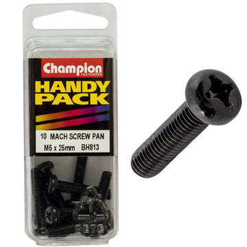 Champion Pack of 10 M5 x 25mm Black, Zinc Plated, Philips Pan Head Machine Screws - BH813