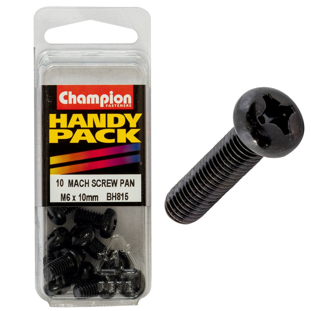 Champion Pack of 10 M6 x 10mm Black, Zinc Plated, Philips Pan Head Machine Screws - BH815