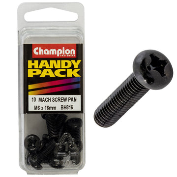 Champion Pack of 10 M6 x 16mm Black, Zinc Plated, Philips Pan Head Machine Screws - BH816