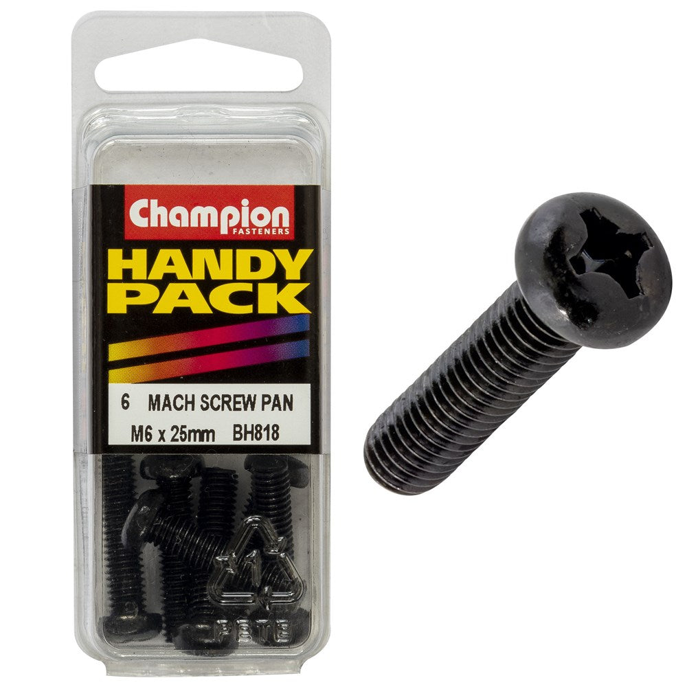 Champion Pack of 6 M6 x 25mm Black, Zinc Plated, Philips Pan Head Machine Screws - BH818