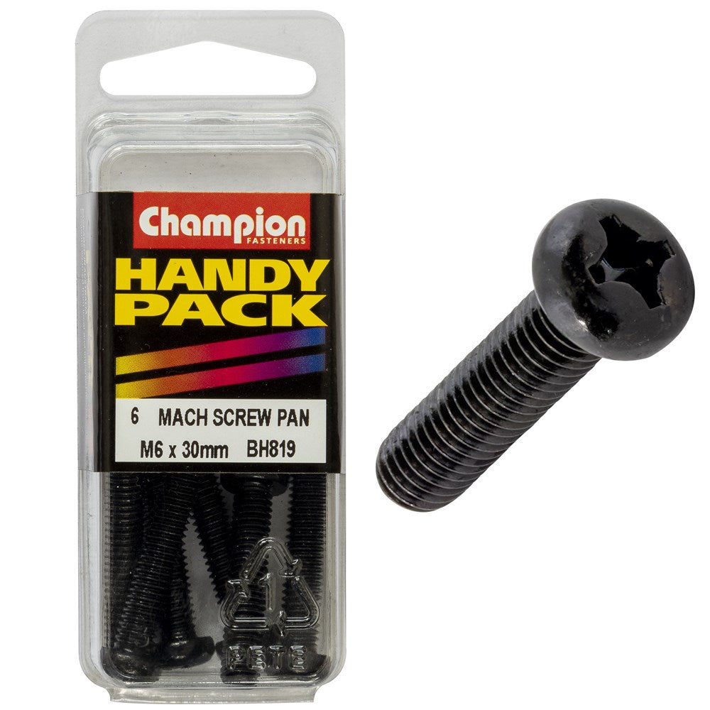 Champion Pack of 6 M6 x 30mm Black, Zinc Plated, Philips Pan Head Machine Screws - BH819