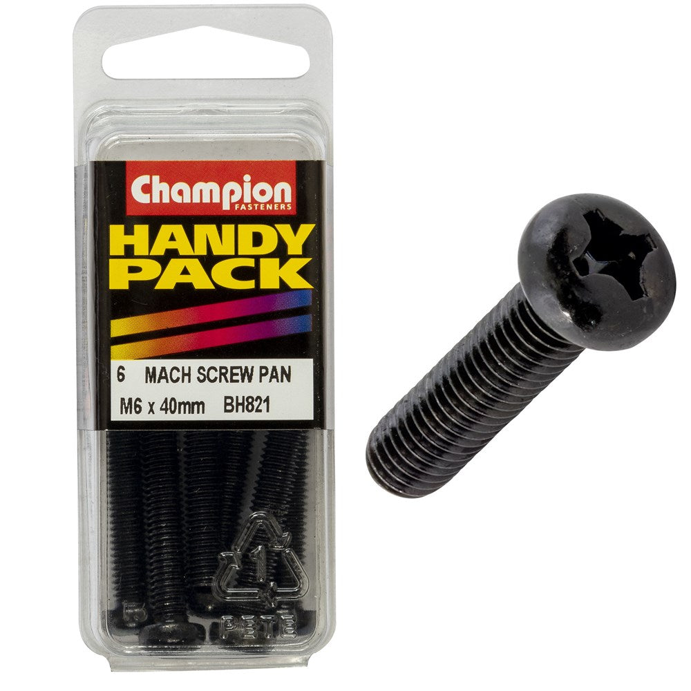 Champion Pack of 6 M6 x 40mm Black, Zinc Plated, Philips Pan Head Machine Screws - BH821