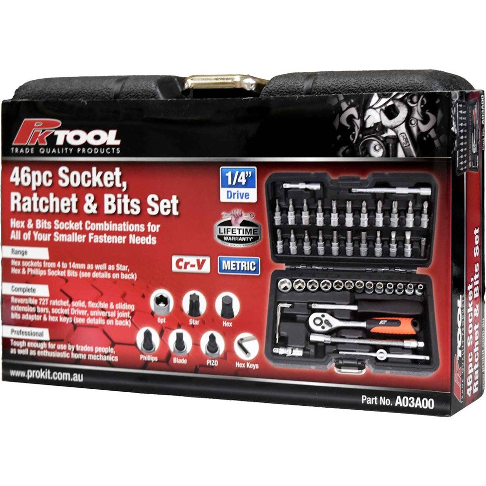 PKTool 46-Piece 1/4" Dr Metric Socket and Bit Set in Hard Case - A03A00