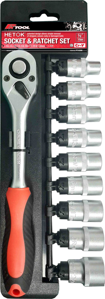 PK Tools 10 Piece 1/2" Dr Metric Hetok Socket & Ratchet Set  - PT10308