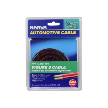 Narva 15A 4mm Twin Core Fig 8 Cable (10M) Red With Black Tracer 5824-10F8