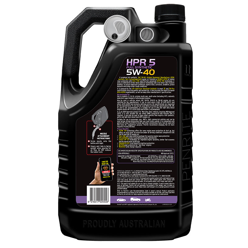 Penrite HPR 5 5W-40 Full Synthetic Engine Oil HPR5 5L - HPR05005 (Pickup Only)