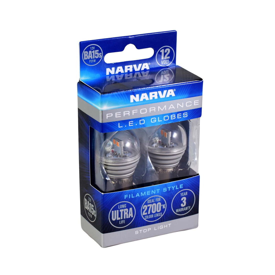 Narva 18222BL 12V BA15S P21W LED Globes 2700K, Twin Pack