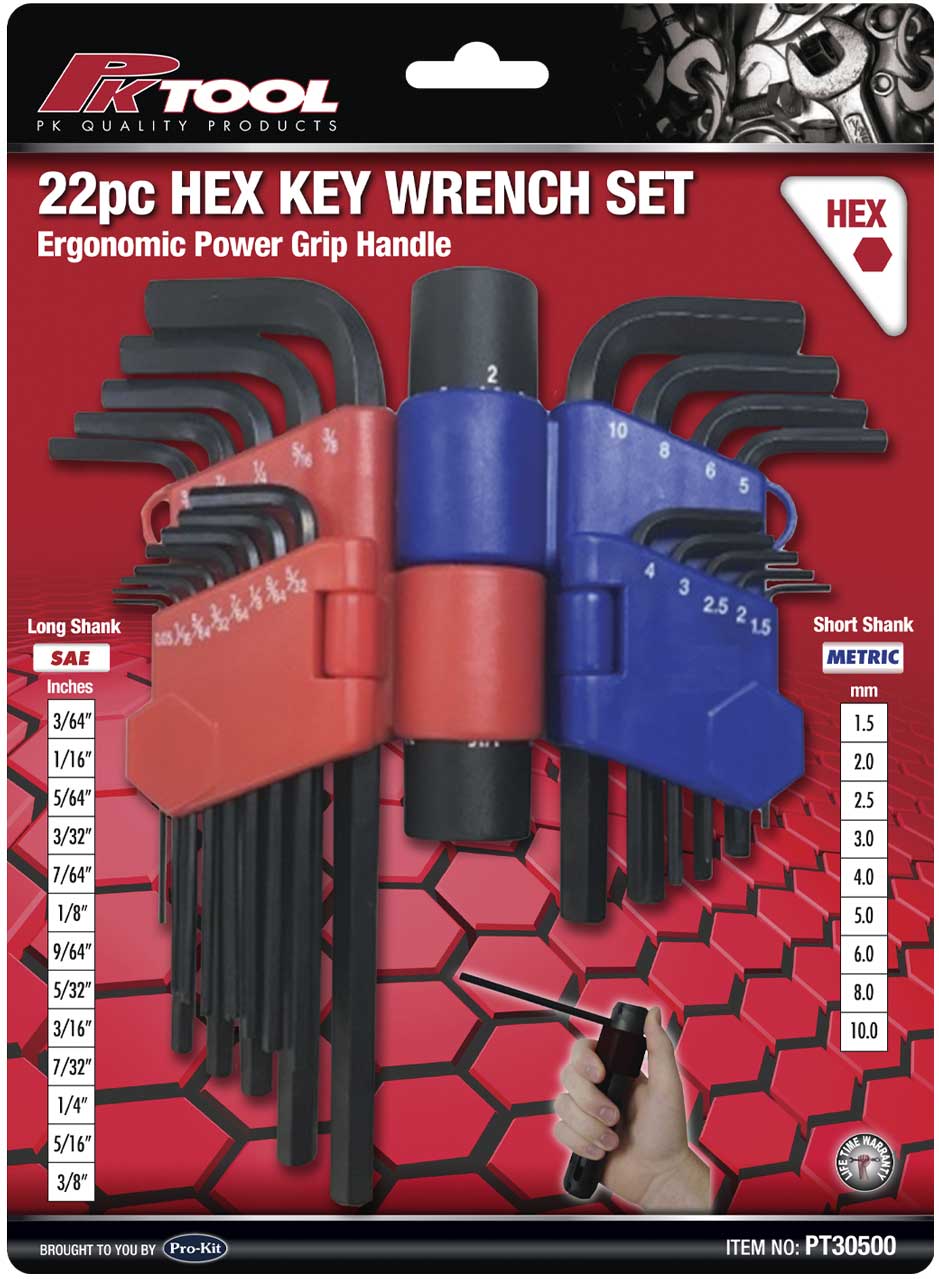 PKTool 22 Piece Metric & SAE Hex Key Wrench Set with Handle and Case - PT30500